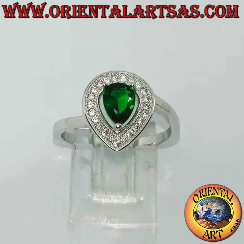 925 Silver Synthetic Emerald Pear Ring CZ Halo - 13x11 mm