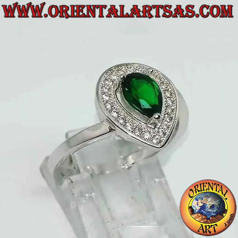 925 Silver Synthetic Emerald Pear Ring CZ Halo - 13x11 mm