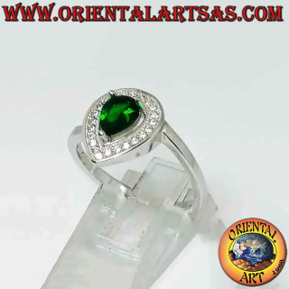 925 sterling silver ring featuring a pear synthetic emerald, cubic zirconia halo, and asymmetrical setting