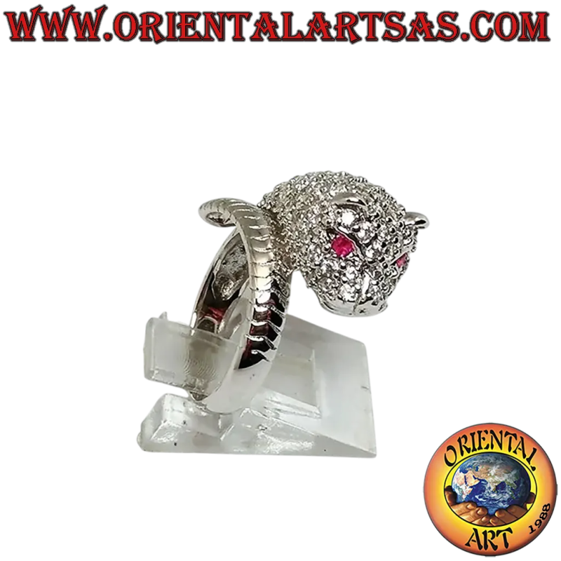 Bague Tigre Argent 925 Zircons Yeux Rubis Naturel - 20x14 mm