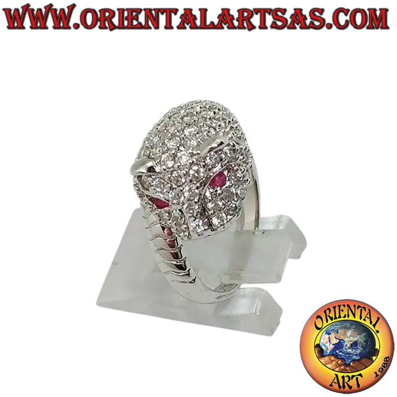 Bague Tigre Argent 925 Zircons Yeux Rubis Naturel - 20x14 mm