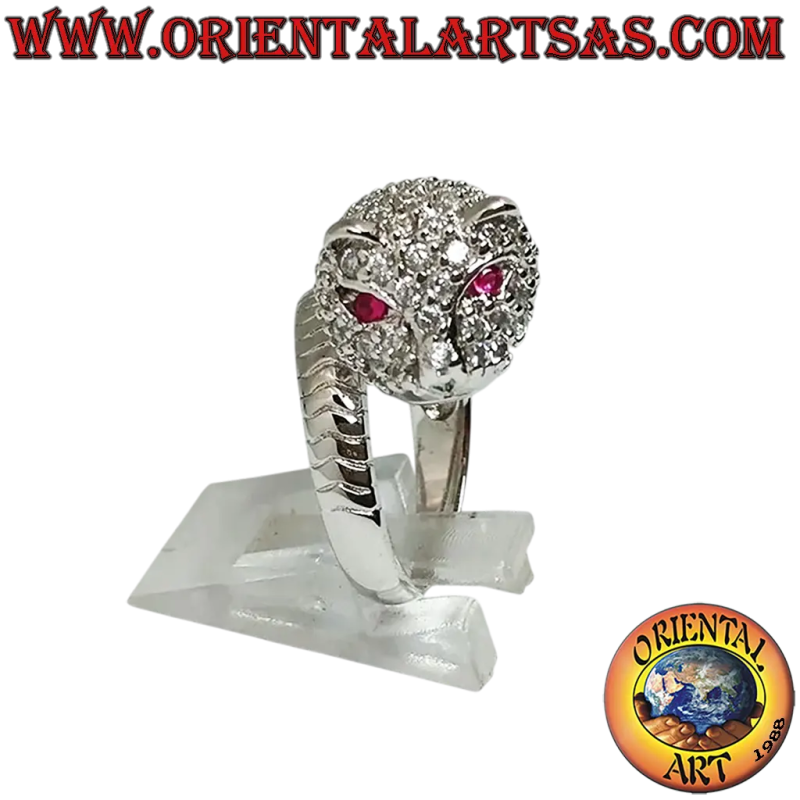 Anello Tigre Argento 925 Zirconi e Occhi Rubino - 20x14 mm