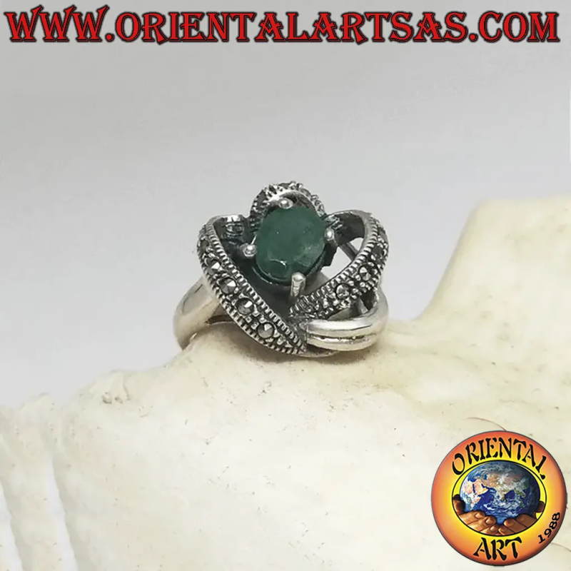 Anello Smeraldo Naturale 3D Marcassite Argento 925	Oriental Art