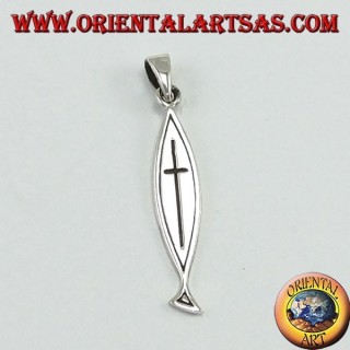 pendentif en argent, croix sculptée sur Ichthys (Christogramme)