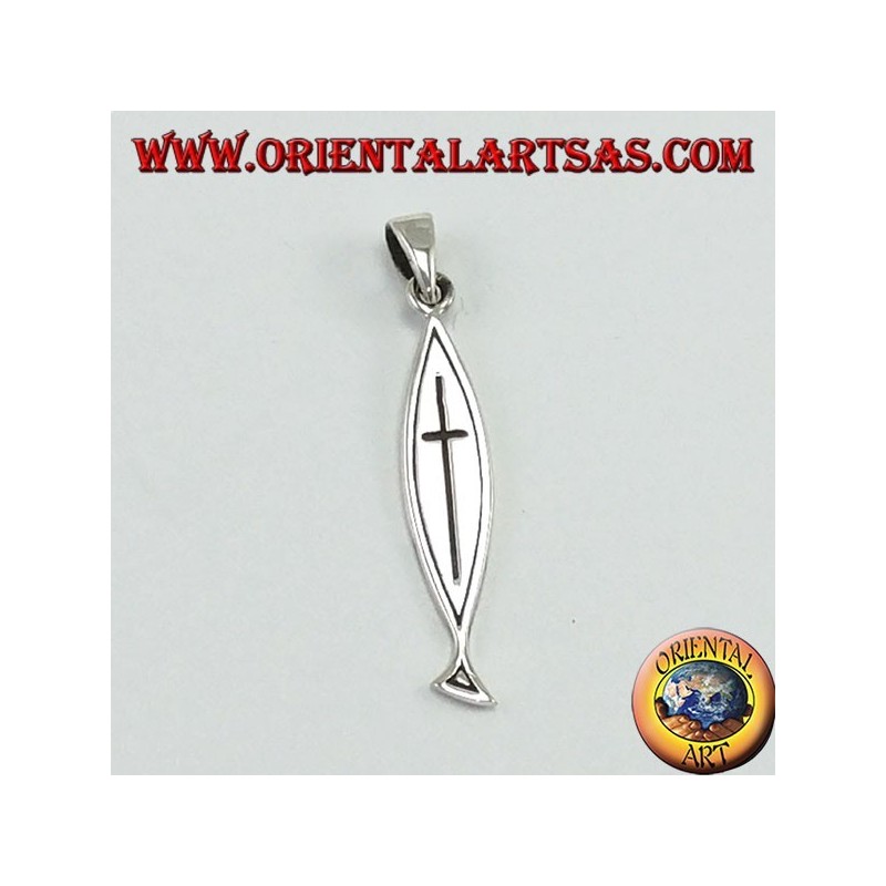 ciondolo in argento, croce intagliata su Ichthys (cristogramma)