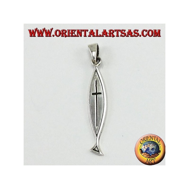 pendentif en argent, croix sculptée sur Ichthys (Christogramme)