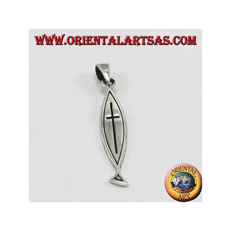 ciondolo in argento, croce intagliata su Ichthys (cristogramma)