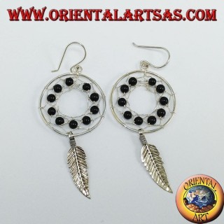 Boucles d'oreilles en argent, capteur de rêves de mm.25 avec des boules d'onyx