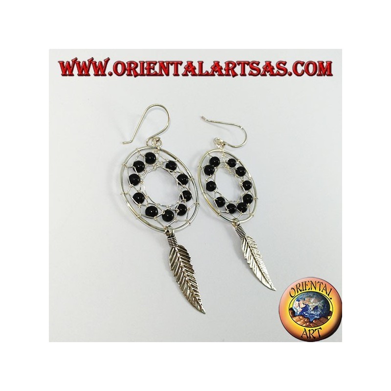 Boucles d'oreilles en argent, capteur de rêves de mm.25 avec des boules d'onyx