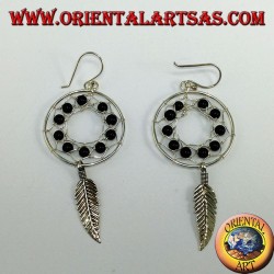 Boucles d'oreilles en argent, capteur de rêves de mm.25 avec des boules d'onyx