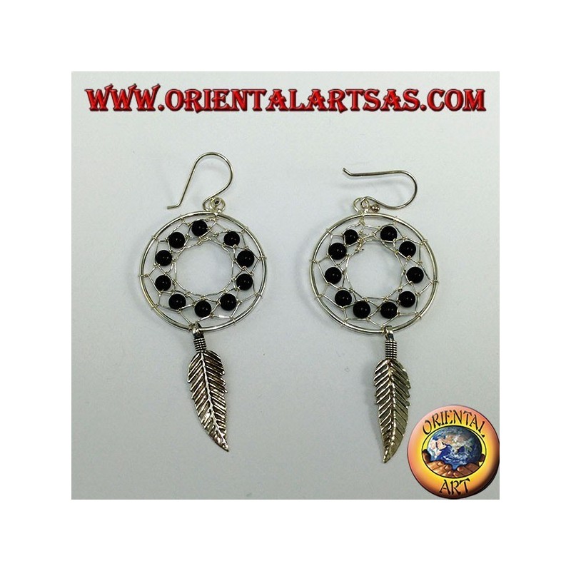 Boucles d'oreilles en argent, capteur de rêves de mm.25 avec des boules d'onyx