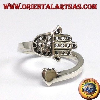 Silver ring, Hand of Fatima (Hamsa) with heart