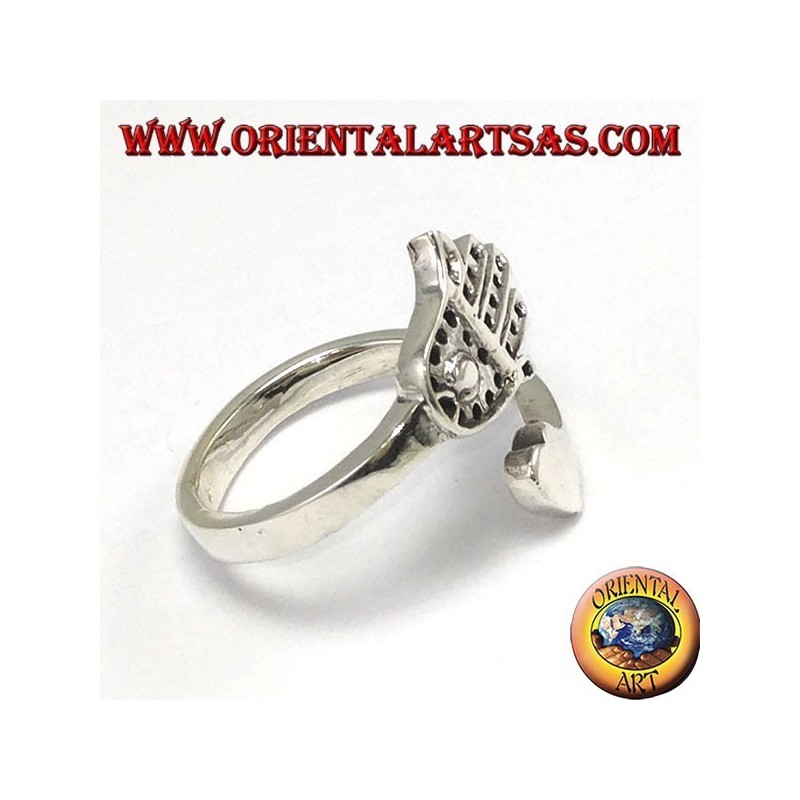 Silver ring, Hand of Fatima (Hamsa) with heart