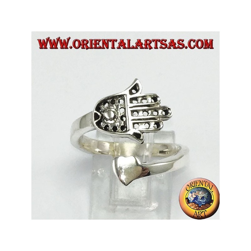 Silver ring, Hand of Fatima (Hamsa) with heart