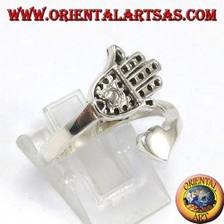 Silver ring, Hand of Fatima (Hamsa) with heart