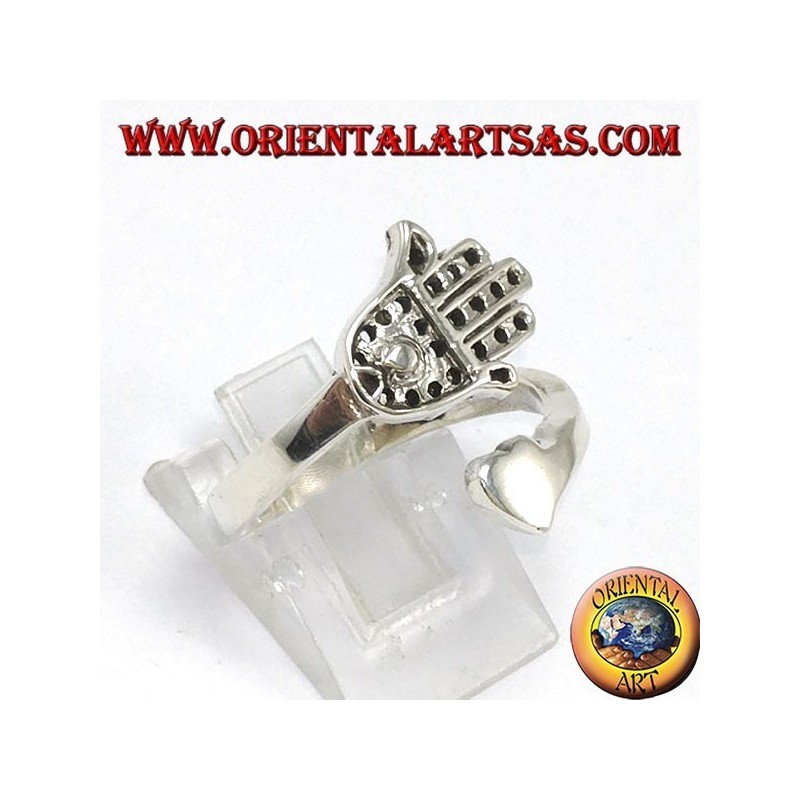 Silver ring, Hand of Fatima (Hamsa) with heart