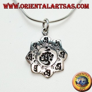 ciondolo d'argento 925 , ॐ om nel fiore di loto con gli otto simboli del buo auspicio