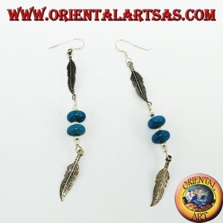 Native silver earrings 2 feathers with 2 turquoise