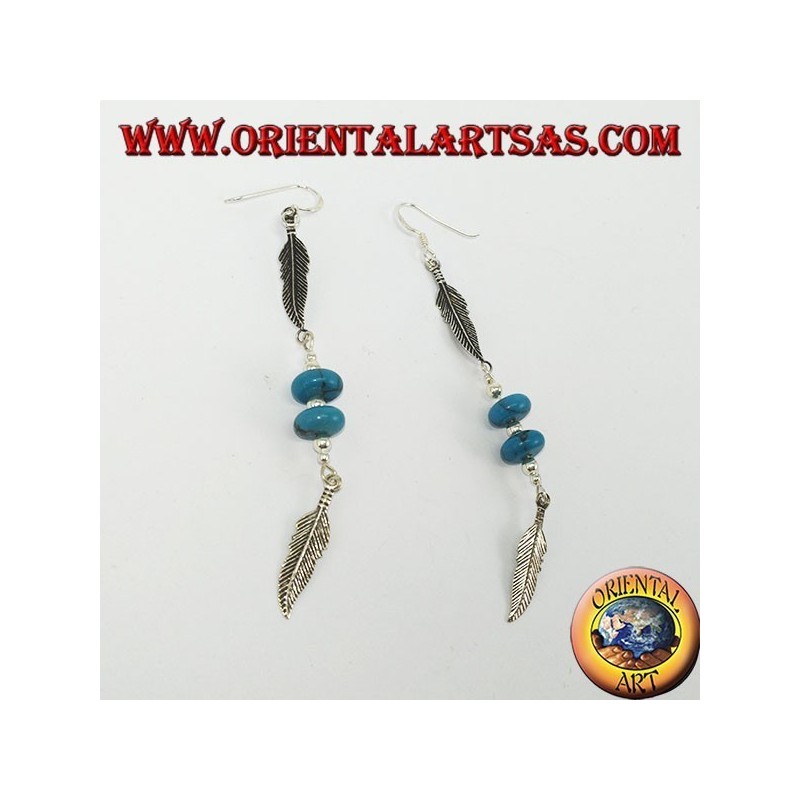 Native silver earrings 2 feathers with 2 turquoise