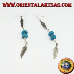 Boucles d'oreilles natives en argent 2 plumes avec 2 turquoises