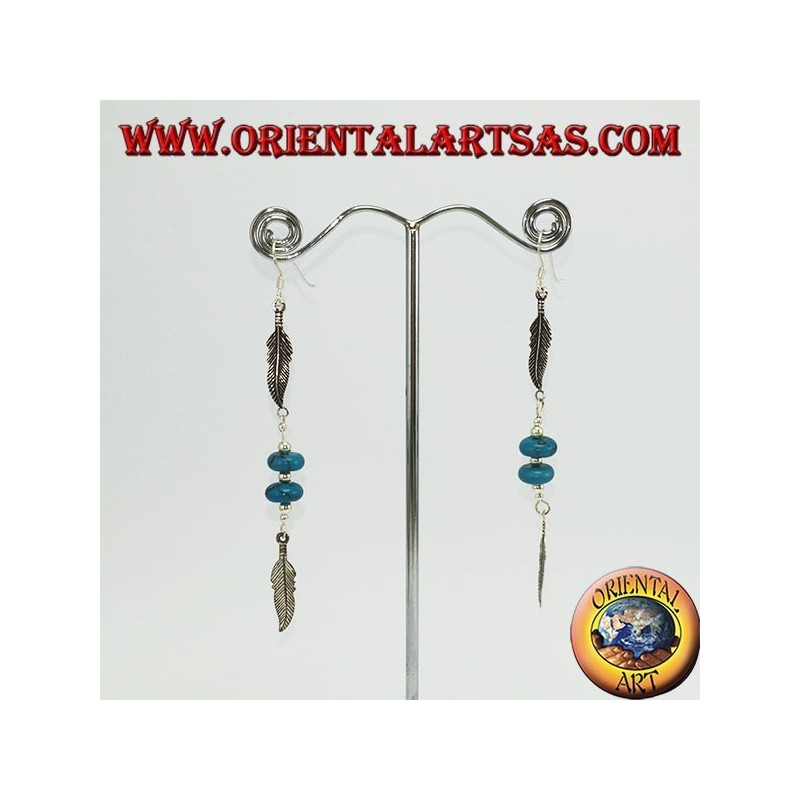 Boucles d'oreilles natives en argent 2 plumes avec 2 turquoises