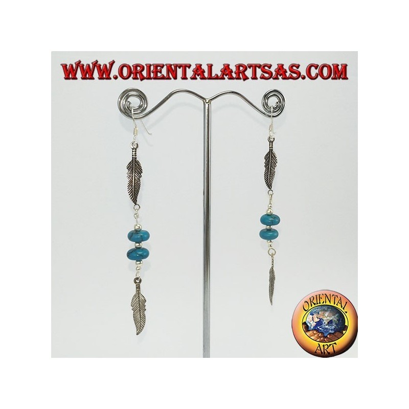 Native silver earrings 2 feathers with 2 turquoise