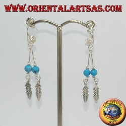 Silver earrings, semicircle with 2 feathered pendants and turquoise