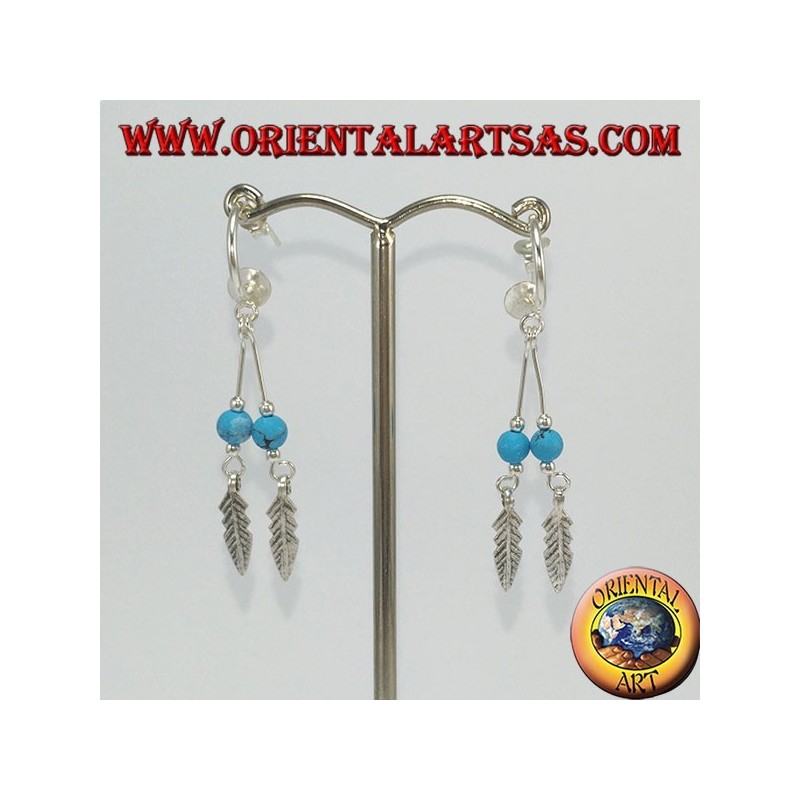 Silver earrings, semicircle with 2 feathered pendants and turquoise