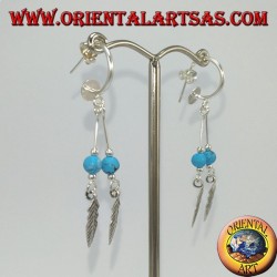 Pendientes de plata, semicírculo con 2 colgantes con plumas y turquesa