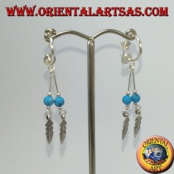 Silver earrings, semicircle with 2 feathered pendants and turquoise