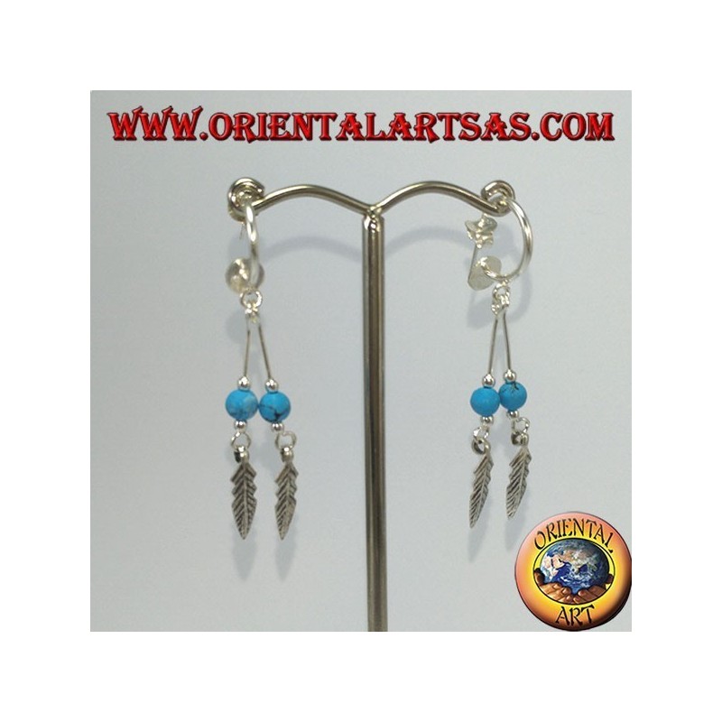 Boucles d'oreilles en argent, demi-cercle avec 2 pendentifs à plumes et turquoise