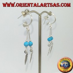Silver earrings, semicircle with 2 feathered pendants and turquoise