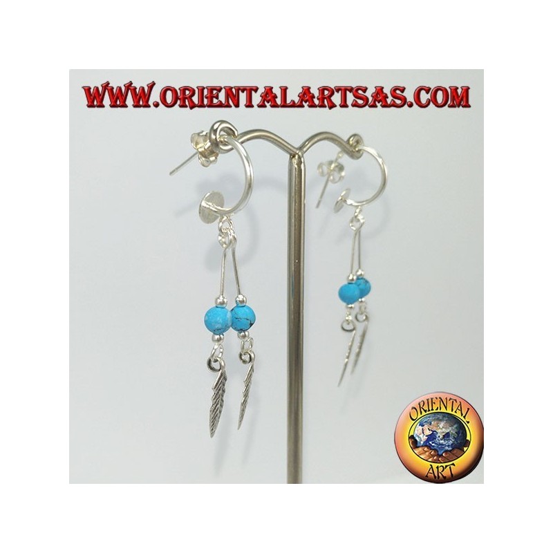 Boucles d'oreilles en argent, demi-cercle avec 2 pendentifs à plumes et turquoise
