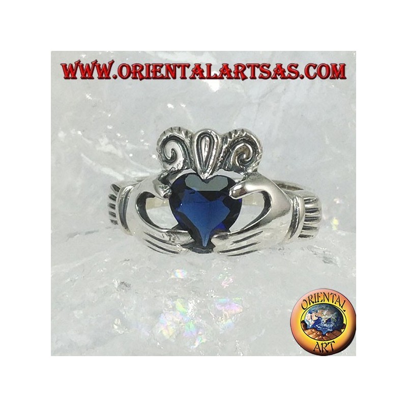 Claddagh Ring mit Zirkon (blaue Saphirfarbe)