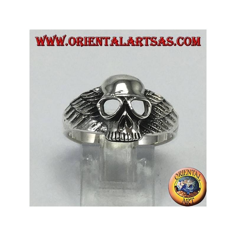 Silver ring, skull with biker wings