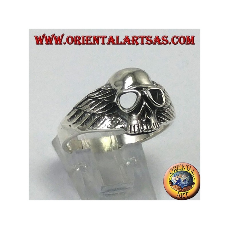 Anillo de plata, calavera con alas de motorista